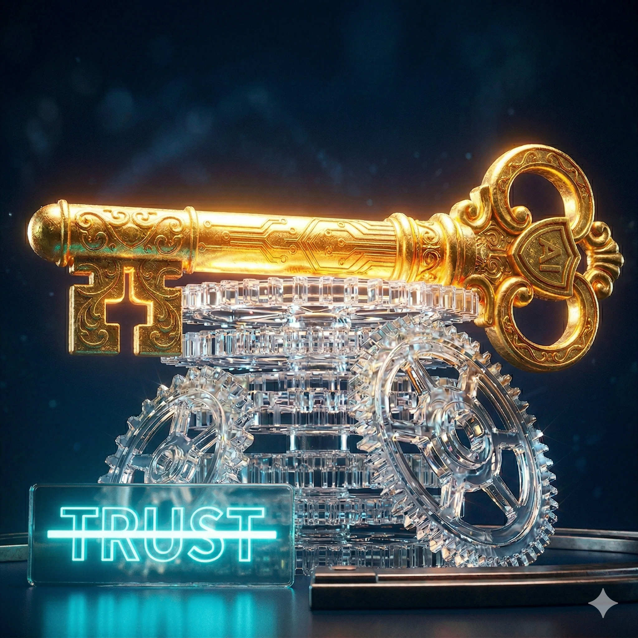 A gold key, gears and the word trust with a line through it.