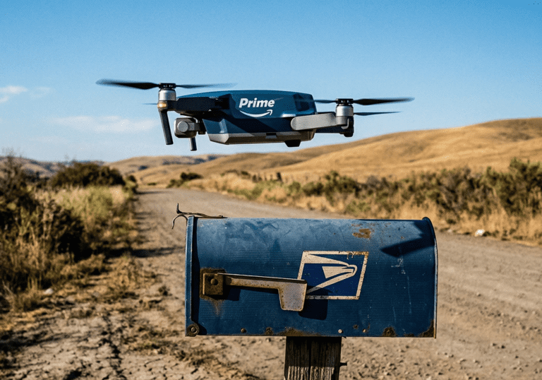 merge amazon and USPS with a mailbox and a drone